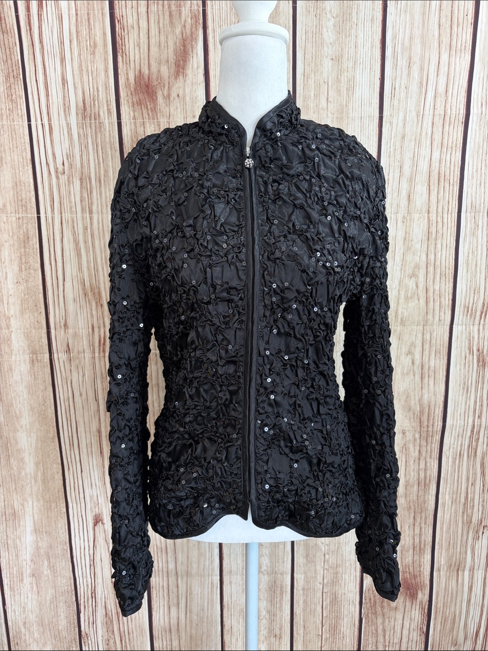 MSK Black Textured Sequin Zip-Front Women's Jacket w/Accented Zipper Pull Small